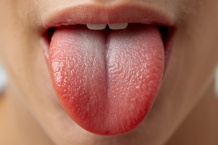 A woman showing her tongue.