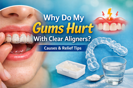 Close-up of clear aligners on teeth with inflamed gums, illustration depicting causes of gum pain and relief tips
