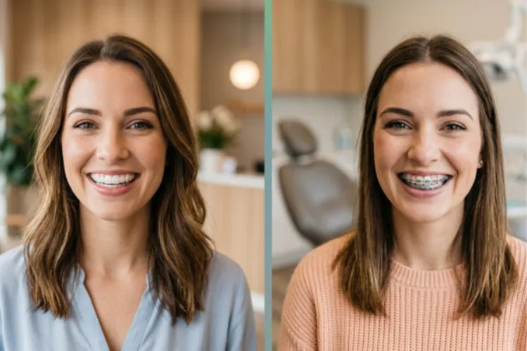 Split-screen comparison showing a woman with clear aligners on the left and traditional metal braces on the right.