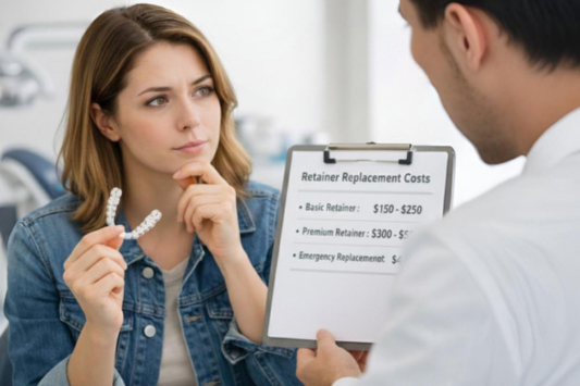 Young adult consulting dentist about clear retainer replacement costs