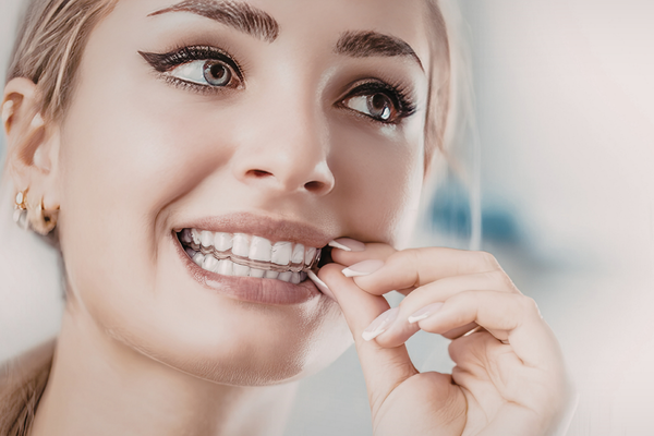 A closeup of a girl applying clear aligners.