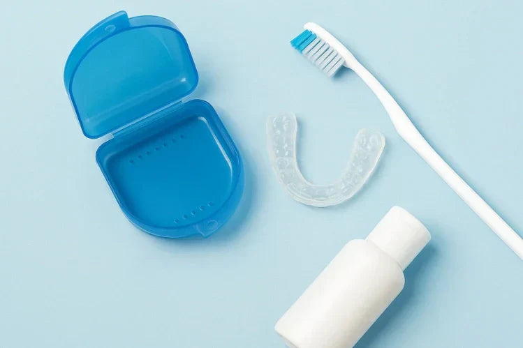 Night guard with toothbrush, storage case, and cleaning solution on a blue background.