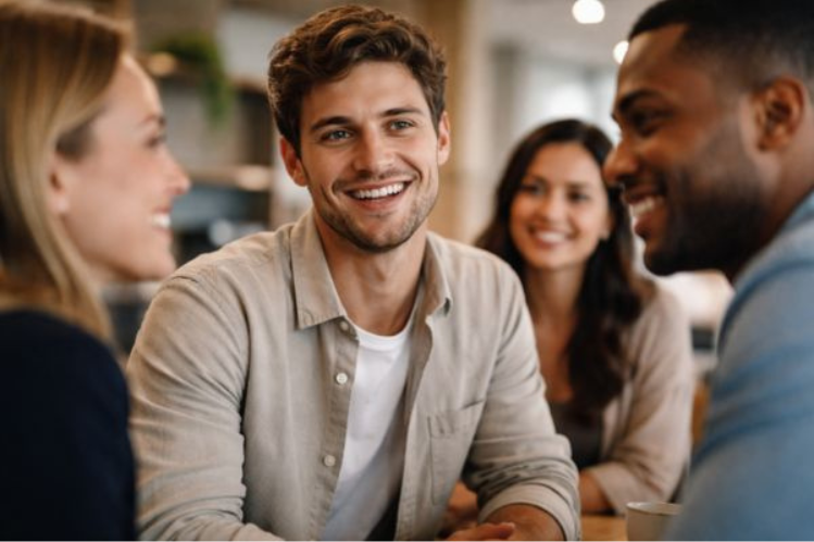  A young professional smiling naturally while speaking in a small group.