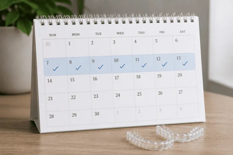  A calendar with week-long markings indicating the first week with clear aligners.