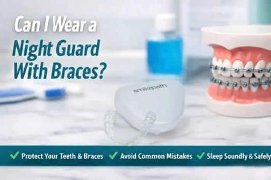 Night guard placed beside a dental model with braces, showing how a teeth grinding guard can be worn safely with braces for protection during sleep