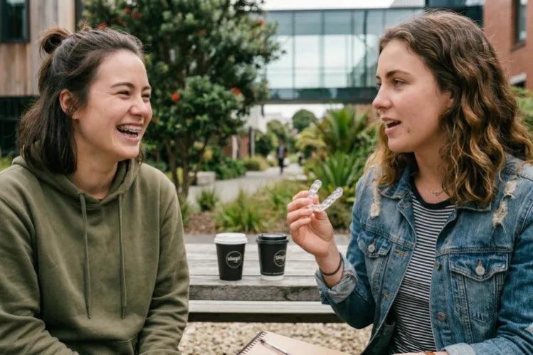 Two university students, one with braces and the other wearing clear aligners.