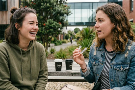 Two university students, one with braces and the other wearing clear aligners.