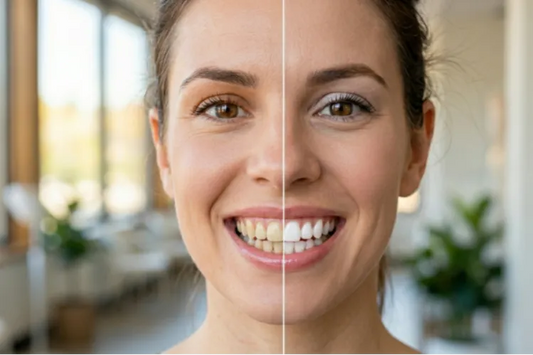  Smiling woman with one side of teeth whiter than the other.