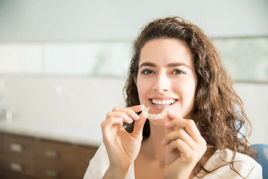 A woman smiling, showing off her perfect teeth.